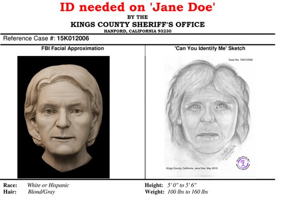 Kings County Sheriff seeks public's help again in identifying unidentified deceased woman A 2015 image of Jane Doe and a 2017 FBI created three-dimensional image of a woman found deceased near Corcoran in 2015.